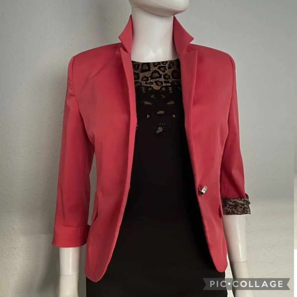 NEW WOMEN BLAZER SINGLE-BREASTED JACKET 3/4 SLEEVES LINED NOTCHED COLLAR CORAL‎